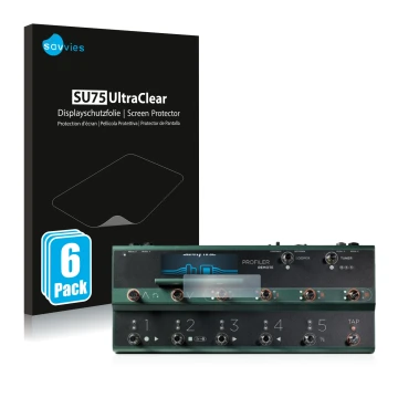 Vorderseite einer Produktverpackung mit dem Markenlogo Savvies. Daneben ist das Gerät Kemper Profiler Remote mit dem zugehörig