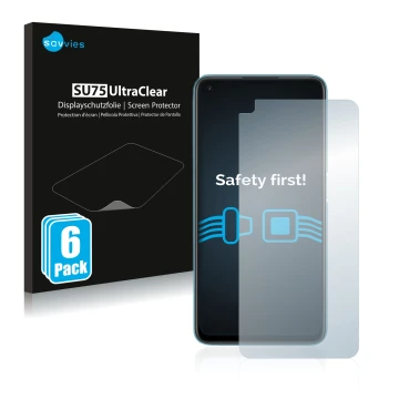 Vorderseite einer Produktverpackung mit dem Markenlogo Savvies. Daneben ist das Gerät Oppo A76 mit dem zugehörigen Displayschu