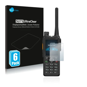 Vorderseite einer Produktverpackung mit dem Markenlogo Savvies. Daneben ist das Gerät Hytera HP785 mit dem zugehörigen Display