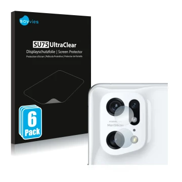 Vorderseite einer Produktverpackung mit dem Markenlogo Savvies. Daneben ist das Gerät Oppo Find X5 Pro (NUR Kameraschutz) mit 