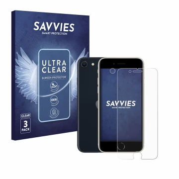 Vorderseite einer Produktverpackung mit dem Markenlogo Savvies. Daneben ist das Gerät Apple iPhone SE 3 2022 (Display+Kamera) 