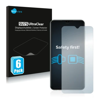 Vorderseite einer Produktverpackung mit dem Markenlogo Savvies. Daneben ist das Gerät Samsung Galaxy M33 mit dem zugehörigen D