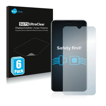 Vorderseite einer Produktverpackung mit dem Markenlogo Savvies. Daneben ist das Gerät Samsung Galaxy M23 mit dem zugehörigen D