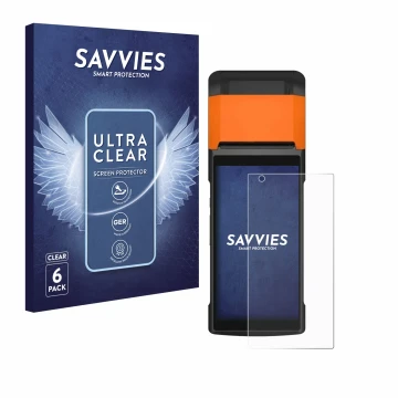 Vorderseite einer Produktverpackung mit dem Markenlogo Savvies. Daneben ist das Gerät Sunmi V2s mit dem zugehörigen Displaysch