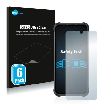 Vorderseite einer Produktverpackung mit dem Markenlogo Savvies. Daneben ist das Gerät Ulefone Power Armor 14 Pro mit dem zugeh