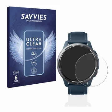 Vorderseite einer Produktverpackung mit dem Markenlogo Savvies. Daneben ist das Gerät Xiaomi Watch S1 Active mit dem zugehörig