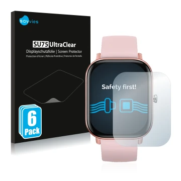 Vorderseite einer Produktverpackung mit dem Markenlogo Savvies. Daneben ist das Gerät DCU Tecnologic Smartwatch Curved Glass m