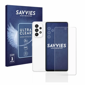 Vorderseite einer Produktverpackung mit dem Markenlogo Savvies. Daneben ist das Gerät Samsung Galaxy A53 5G (Display+Kamera) m