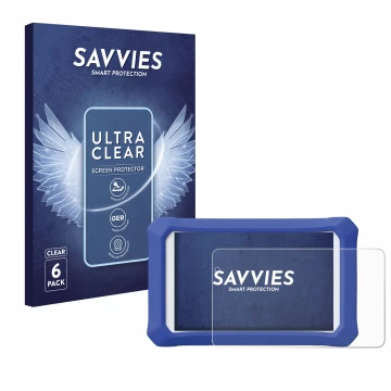 Vorderseite einer Produktverpackung mit dem Markenlogo Savvies. Daneben ist das Gerät Clementoni Clempad X Revolution mit dem 