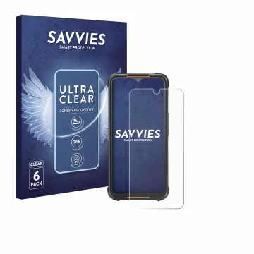 Vorderseite einer Produktverpackung mit dem Markenlogo Savvies. Daneben ist das Gerät AGM H5 mit dem zugehörigen Displayschutz