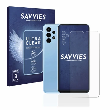 Vorderseite einer Produktverpackung mit dem Markenlogo Savvies. Daneben ist das Gerät Samsung Galaxy A13 (Display+Kamera) mit 