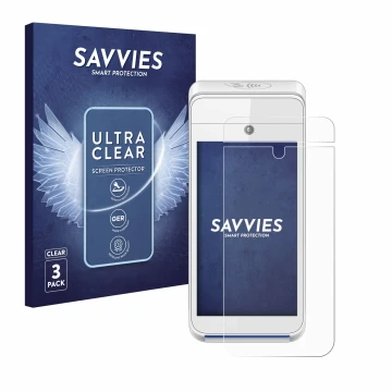 Vorderseite einer Produktverpackung mit dem Markenlogo Savvies. Daneben ist das Gerät Pax A920 mit dem zugehörigen Displayschu