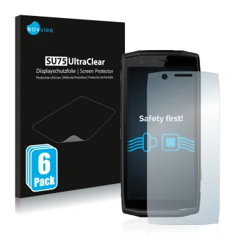 Vorderseite einer Produktverpackung mit dem Markenlogo Savvies. Daneben ist das Gerät Crosscall Action-X5 mit dem zugehörigen 