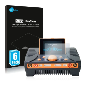 Vorderseite einer Produktverpackung mit dem Markenlogo Savvies. Daneben ist das Gerät Junsi iCharger 406 Duo mit dem zugehörig