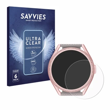 Vorderseite einer Produktverpackung mit dem Markenlogo Savvies. Daneben ist das Gerät Michael Kors Access MKGO Gen 5E MKT 5117