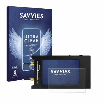 Vorderseite einer Produktverpackung mit dem Markenlogo Savvies. Daneben ist das Gerät NanoVNA H4 mit dem zugehörigen Displaysc