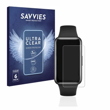 Vorderseite einer Produktverpackung mit dem Markenlogo Savvies. Daneben ist das Gerät Huawei Band 7 mit dem zugehörigen Displa