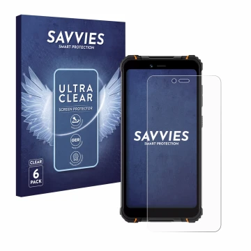 Vorderseite einer Produktverpackung mit dem Markenlogo Savvies. Daneben ist das Gerät Hotwav T5 Pro mit dem zugehörigen Displa