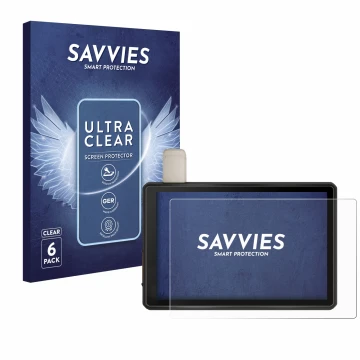 Vorderseite einer Produktverpackung mit dem Markenlogo Savvies. Daneben ist das Gerät Garmin Tread Overland Edition 8