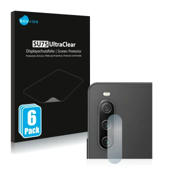 Vorderseite einer Produktverpackung mit dem Markenlogo Savvies. Daneben ist das Gerät Sony Xperia 10 IV (NUR Kameraschutz) mit