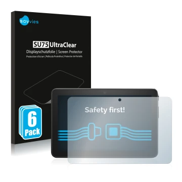 Vorderseite einer Produktverpackung mit dem Markenlogo Savvies. Daneben ist das Gerät Amazon Fire 7 2022 mit dem zugehörigen D