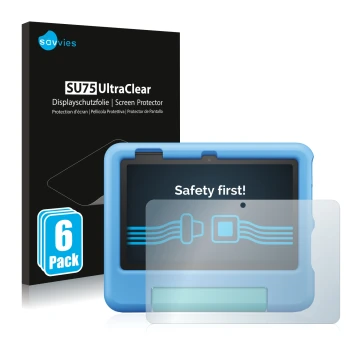 Vorderseite einer Produktverpackung mit dem Markenlogo Savvies. Daneben ist das Gerät Amazon Fire 7 Kids 2022 mit dem zugehöri