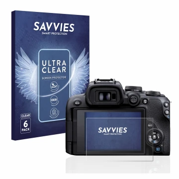 Vorderseite einer Produktverpackung mit dem Markenlogo Savvies. Daneben ist das Gerät Canon EOS R10 mit dem zugehörigen Displa