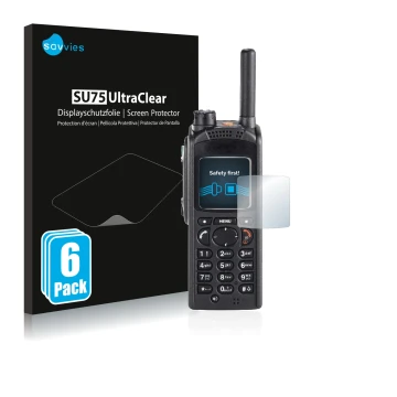 Vorderseite einer Produktverpackung mit dem Markenlogo Savvies. Daneben ist das Gerät Motorola MTP850 mit dem zugehörigen Disp