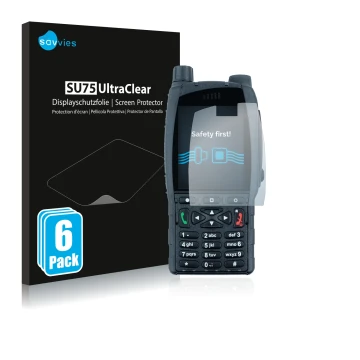 Vorderseite einer Produktverpackung mit dem Markenlogo Savvies. Daneben ist das Gerät Sepura SC21 mit dem zugehörigen Displays