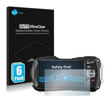 Vorderseite einer Produktverpackung mit dem Markenlogo Savvies. Daneben ist das Gerät Ricoh WG-80 mit dem zugehörigen Displays