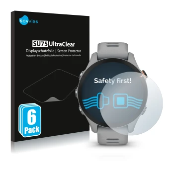 Vorderseite einer Produktverpackung mit dem Markenlogo Savvies. Daneben ist das Gerät Garmin Forerunner 255S mit dem zugehörig