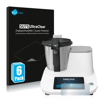Vorderseite einer Produktverpackung mit dem Markenlogo Savvies. Daneben ist das Gerät Moulinex Click&Cook HF5061 mit dem zugeh