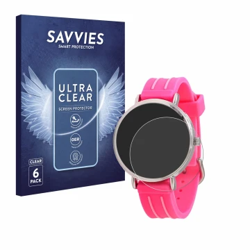 Vorderseite einer Produktverpackung mit dem Markenlogo Savvies. Daneben ist das Gerät Kiddus Children's Learning Watch mit dem