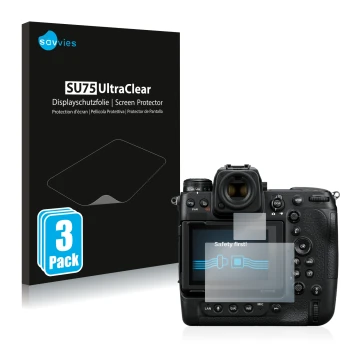 Vorderseite einer Produktverpackung mit dem Markenlogo Savvies. Daneben ist das Gerät Nikon Z 9 (Display + Schulterdisplay) mi