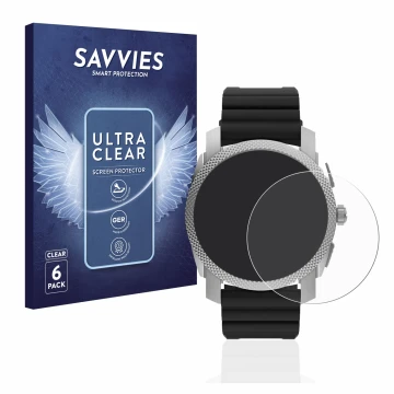 Vorderseite einer Produktverpackung mit dem Markenlogo Savvies. Daneben ist das Gerät Fossil Gen 6 Hybrid Machine (45mm) mit d