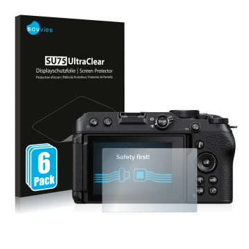 Vorderseite einer Produktverpackung mit dem Markenlogo Savvies. Daneben ist das Gerät Nikon Z 30 mit dem zugehörigen Displaysc