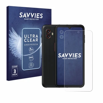 Vorderseite einer Produktverpackung mit dem Markenlogo Savvies. Daneben ist das Gerät Samsung Galaxy Xcover 6 Pro (Display+Kam
