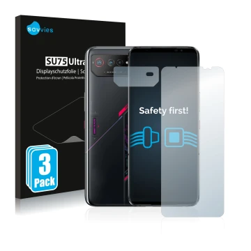 Vorderseite einer Produktverpackung mit dem Markenlogo Savvies. Daneben ist das Gerät ASUS ROG Phone 6 (Display+Kamera) mit de