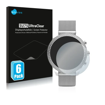 Vorderseite einer Produktverpackung mit dem Markenlogo Savvies. Daneben ist das Gerät Fossil Stella (6. Gen) mit dem zugehörig