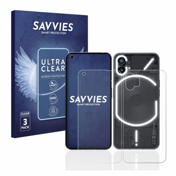 Vorderseite einer Produktverpackung mit dem Markenlogo Savvies. Daneben ist das Gerät Nothing Phone (1) (Display+Rückseite) mi