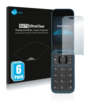 Vorderseite einer Produktverpackung mit dem Markenlogo Savvies. Daneben ist das Gerät Nokia 2660 Flip mit dem zugehörigen Disp