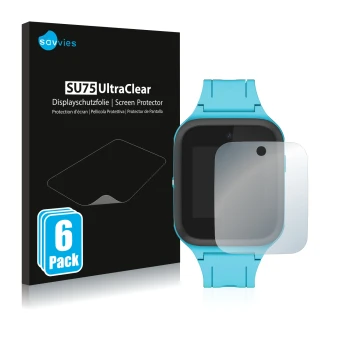 Vorderseite einer Produktverpackung mit dem Markenlogo Savvies. Daneben ist das Gerät TCL Movetime Family Watch MT40 mit dem z