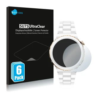 Vorderseite einer Produktverpackung mit dem Markenlogo Savvies. Daneben ist das Gerät Huawei Watch GT 3 Pro Ceramic (43mm) mit