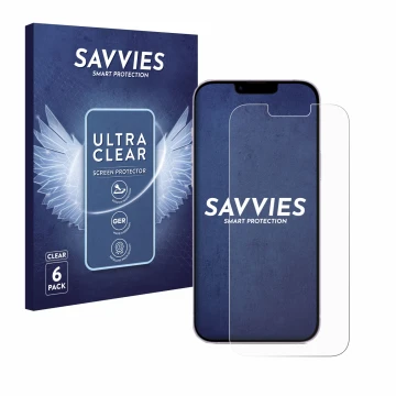 Vorderseite einer Produktverpackung mit dem Markenlogo Savvies. Daneben ist das Gerät Apple iPhone 14 Plus mit dem zugehörigen