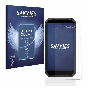 Vorderseite einer Produktverpackung mit dem Markenlogo Savvies. Daneben ist das Gerät Ulefone Armor X6 Pro mit dem zugehörigen
