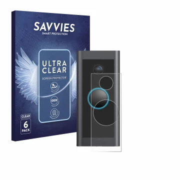 Vorderseite einer Produktverpackung mit dem Markenlogo Savvies. Daneben ist das Gerät Ring Video Doorbell Wired mit dem zugehö