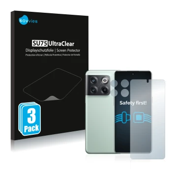 Vorderseite einer Produktverpackung mit dem Markenlogo Savvies. Daneben ist das Gerät OnePlus 10T 5G (Display+Kamera) mit dem 