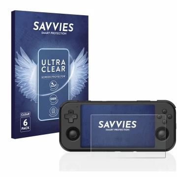 Vorderseite einer Produktverpackung mit dem Markenlogo Savvies. Daneben ist das Gerät Retroid Pocket 3 mit dem zugehörigen Dis