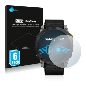 Vorderseite einer Produktverpackung mit dem Markenlogo Savvies. Daneben ist das Gerät Garmin Enduro 2 mit dem zugehörigen Disp