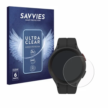 Vorderseite einer Produktverpackung mit dem Markenlogo Savvies. Daneben ist das Gerät Samsung Galaxy Watch 5 Pro mit dem zugeh